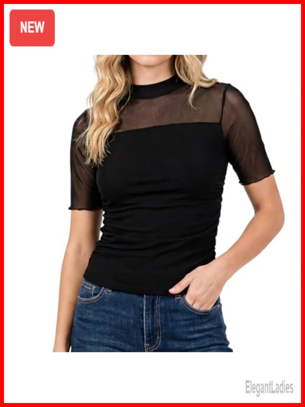 Women's Sheer Mesh Short Sleeve Mock Turtleneck Ruched Blouse